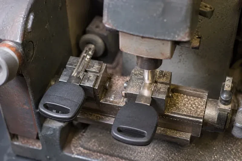 Two black-headed keys clamped in a bench machine, one beneath a vertical cutter, with metal shavings around the clamps. — Spare Car Key Duplication, Mississauga