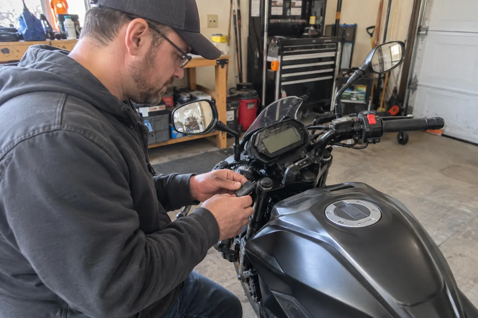 Technician in a cap and glasses holding a small key fob beside the dashboard of a black motorcycle in a garage.