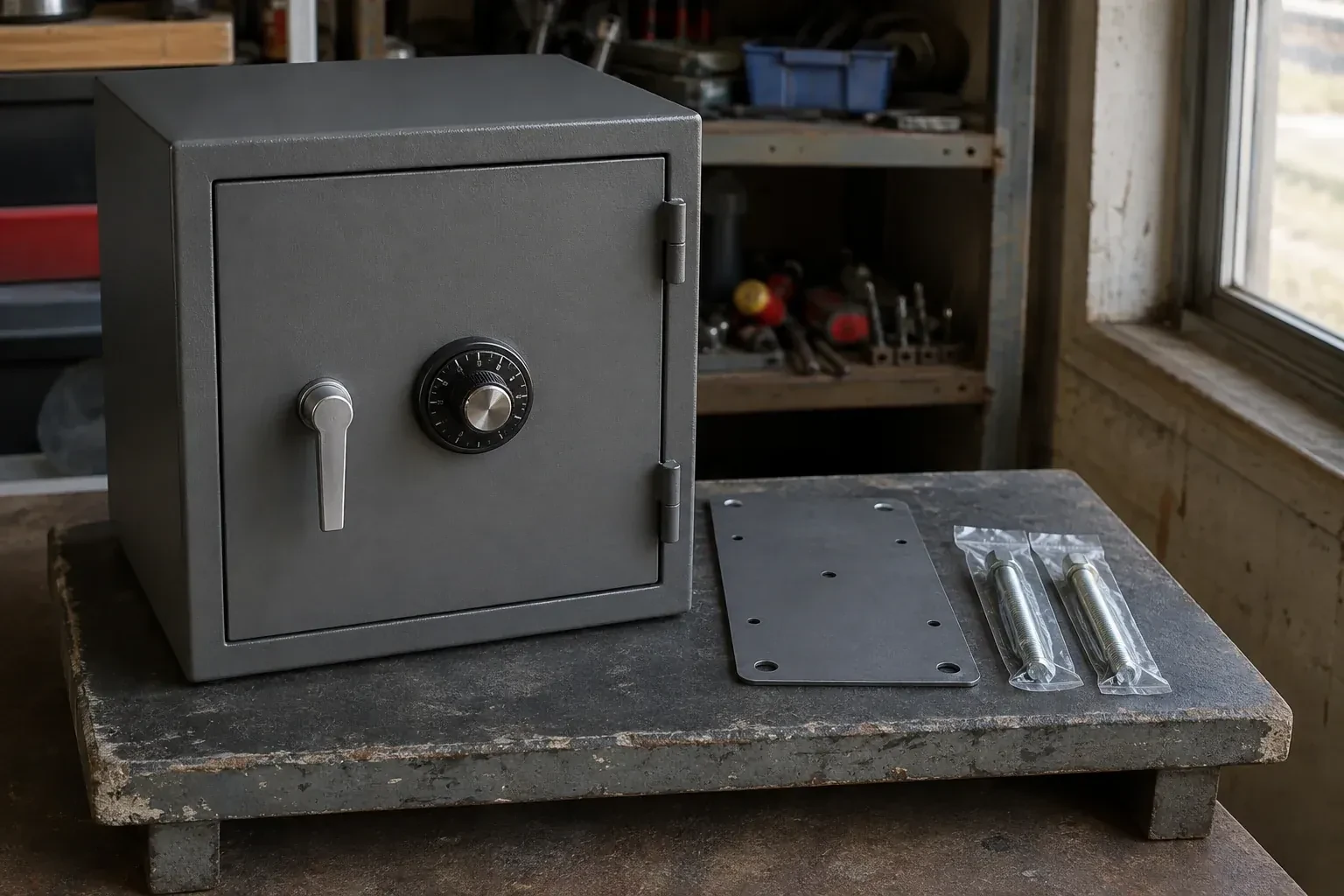 Closed small safe beside a metal plate and packaged fasteners on a workshop bench. — Safe Installation & Servicing, Mississauga