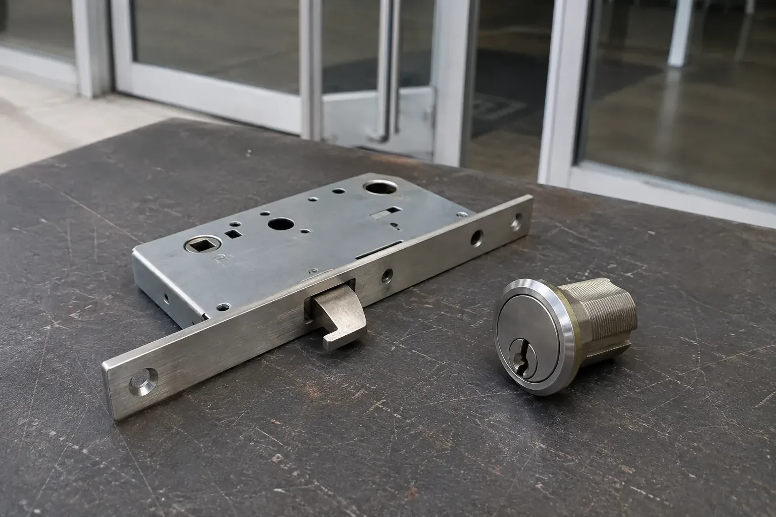 Detached mortise lock body with a projecting hook-shaped bolt beside a threaded cylinder. — Commercial-Grade Lock Replacement, Mississauga