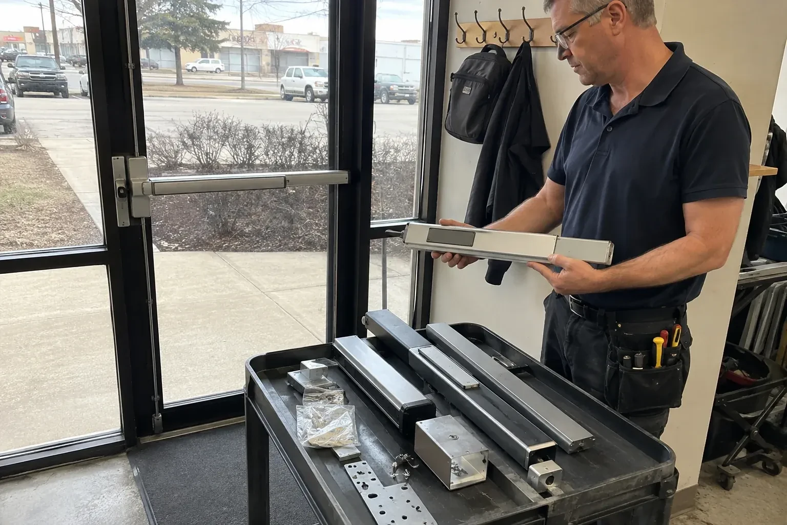 Person holding a long metal door-hardware assembly beside a cart of similar parts and a glass door fitted with a push bar. — Panic & Exit Hardware, Mississauga