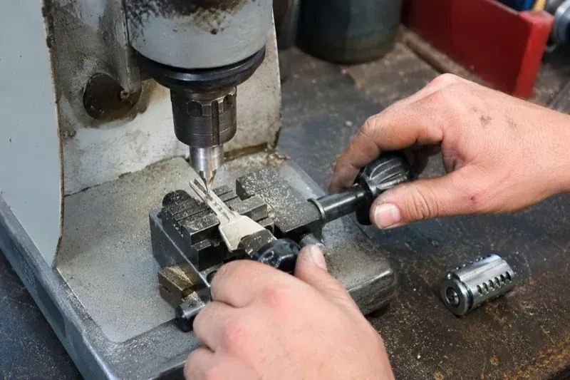 Hands operating a bench-mounted machine with a key clamped beneath a vertical cutter and a loose lock cylinder nearby. — Car Key Replacement, Mississauga