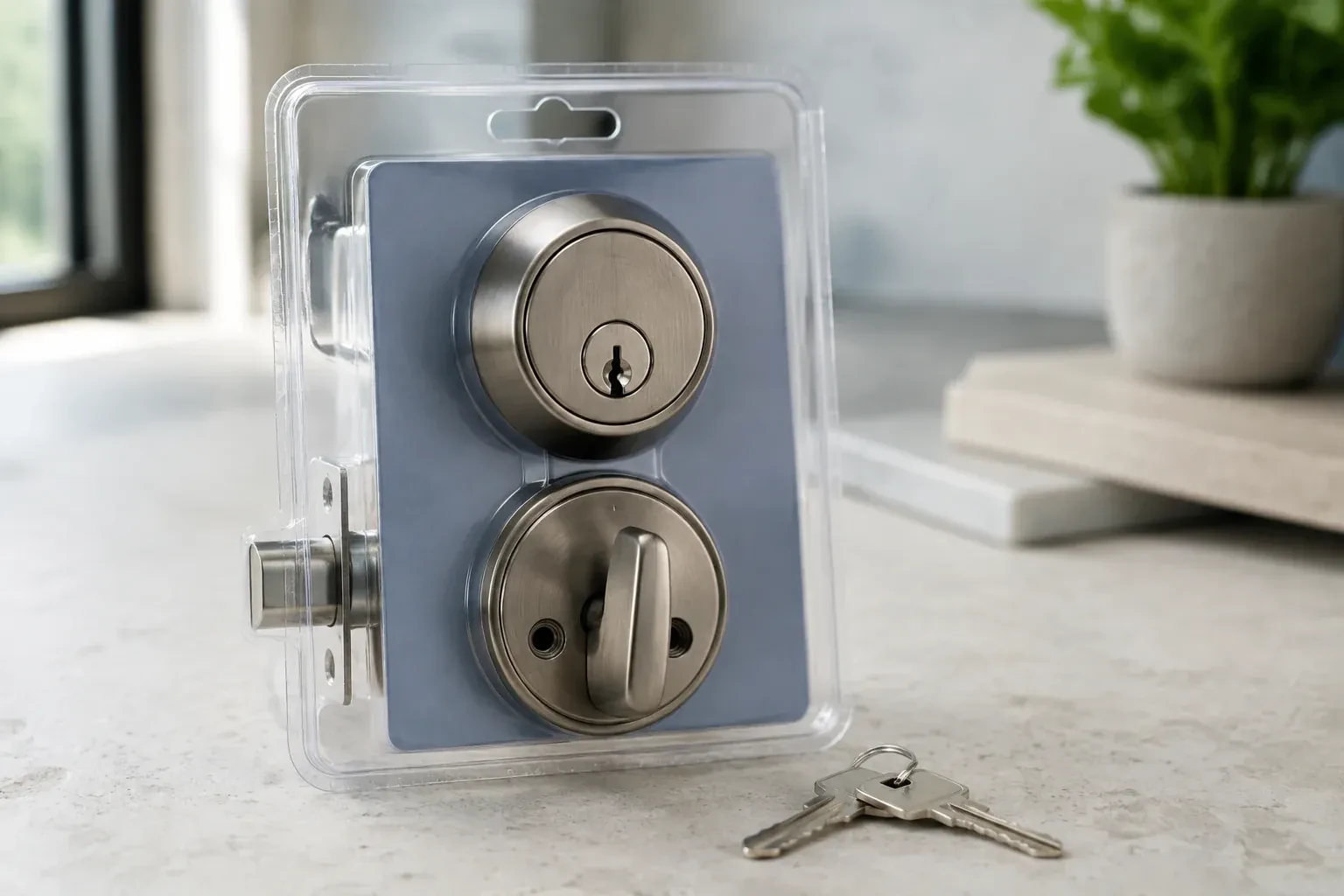 A silver-colored deadbolt set in clear packaging with two keys resting on the countertop in front. — Lock Rekeying, Mississauga