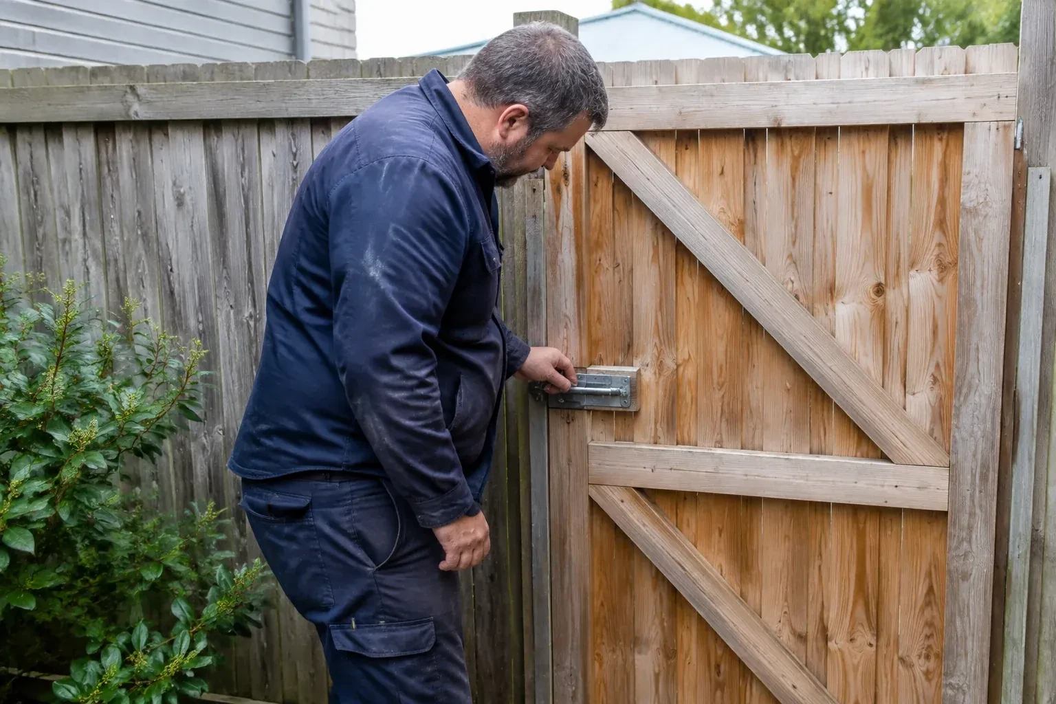 Person touching the sliding metal bolt on a wooden garden gate. — Gate & Building Entry Locks, Mississauga