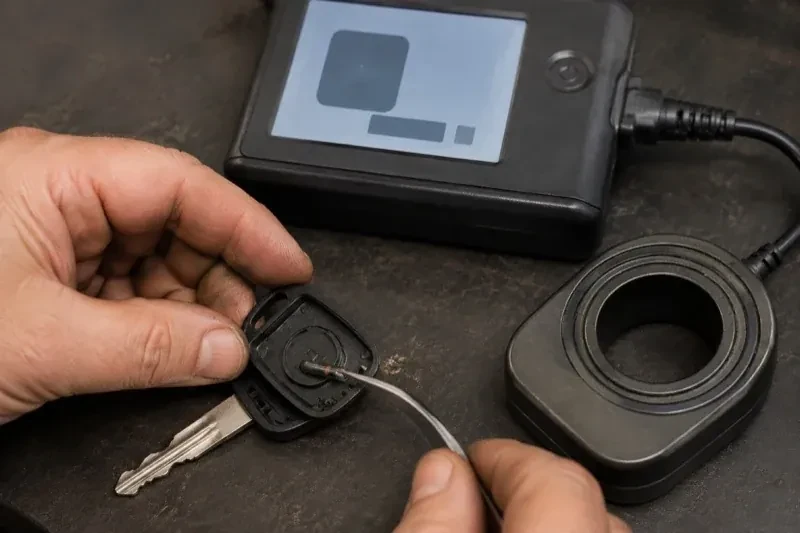 Hands using tweezers at an opened car-key head beside a small electronic unit and a ring-shaped accessory. — Transponder Key Programming, Mississauga