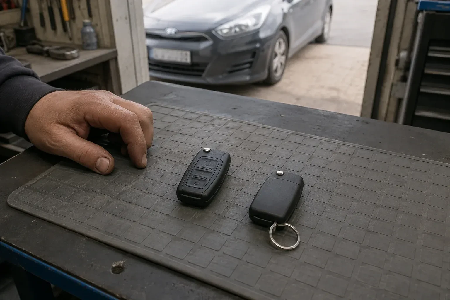Two vehicle remote fobs on a work mat beside a technician’s hand, with a parked car beyond. — Key Fob Programming, Mississauga