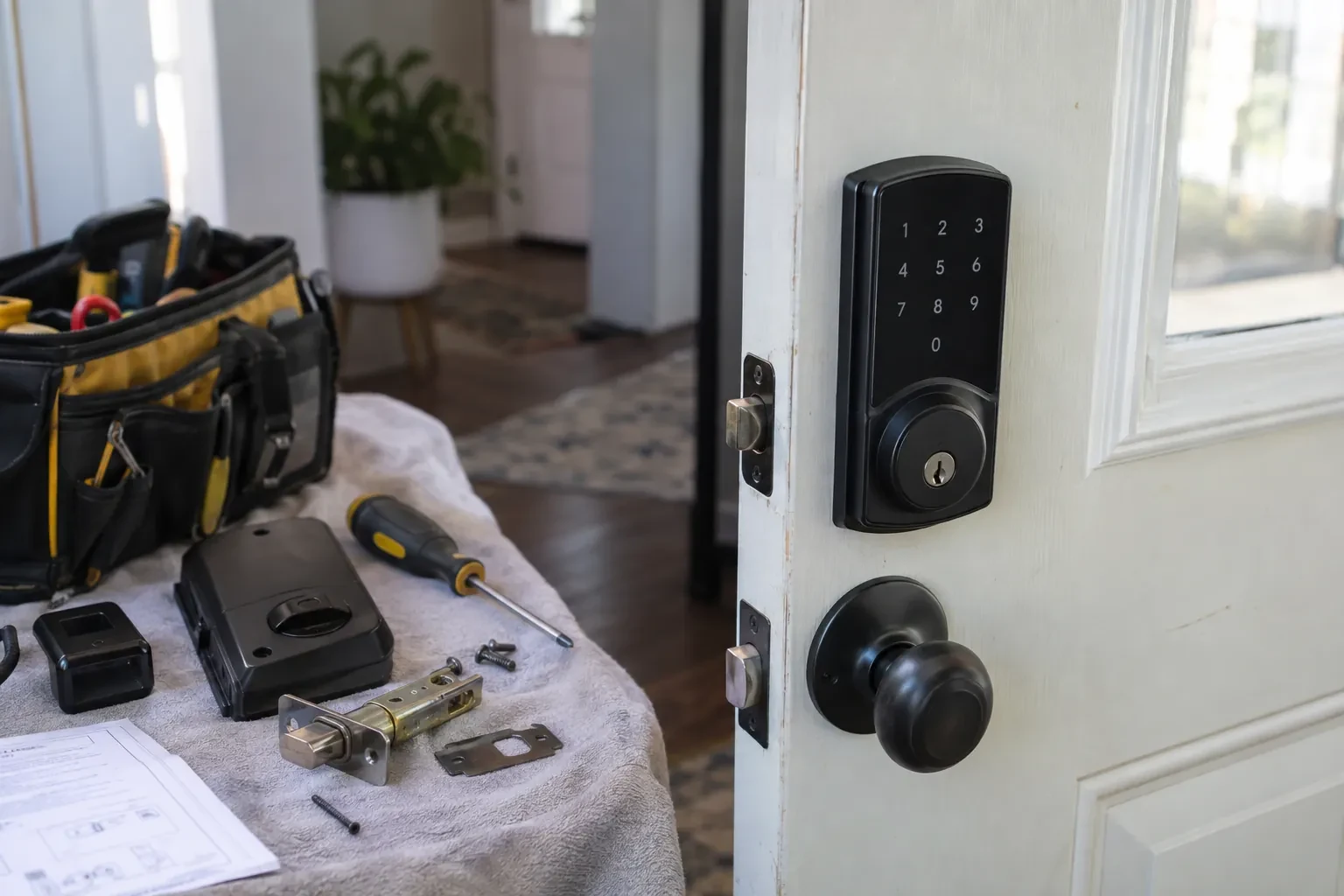 White door with a black keypad deadbolt and knob, beside a towel holding a lock body, latch, screwdriver and a tool bag.
